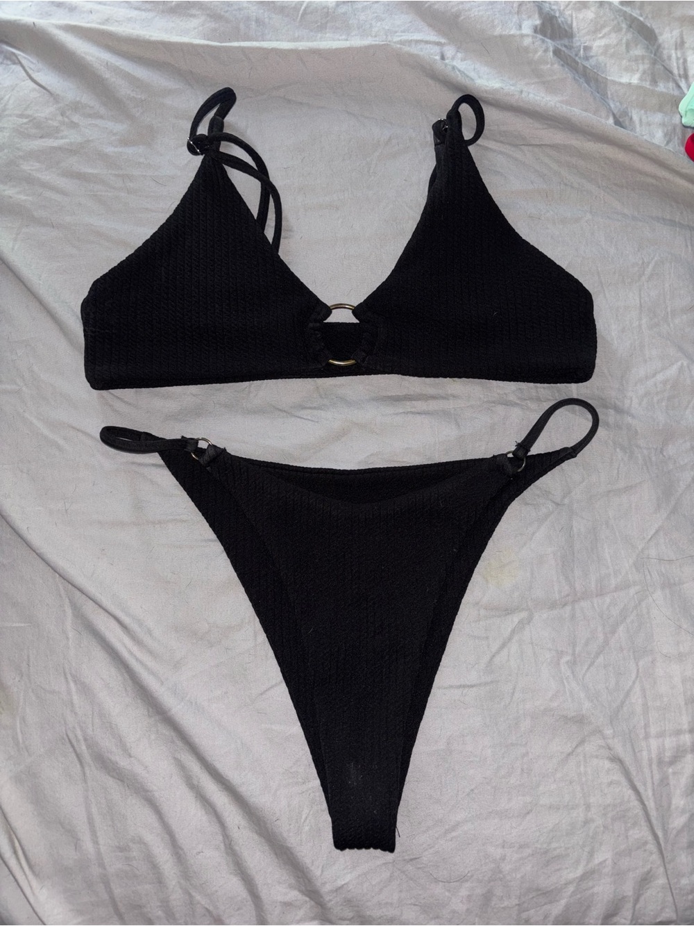 SHEIN Black Textured Ring-Detail Bikini Set